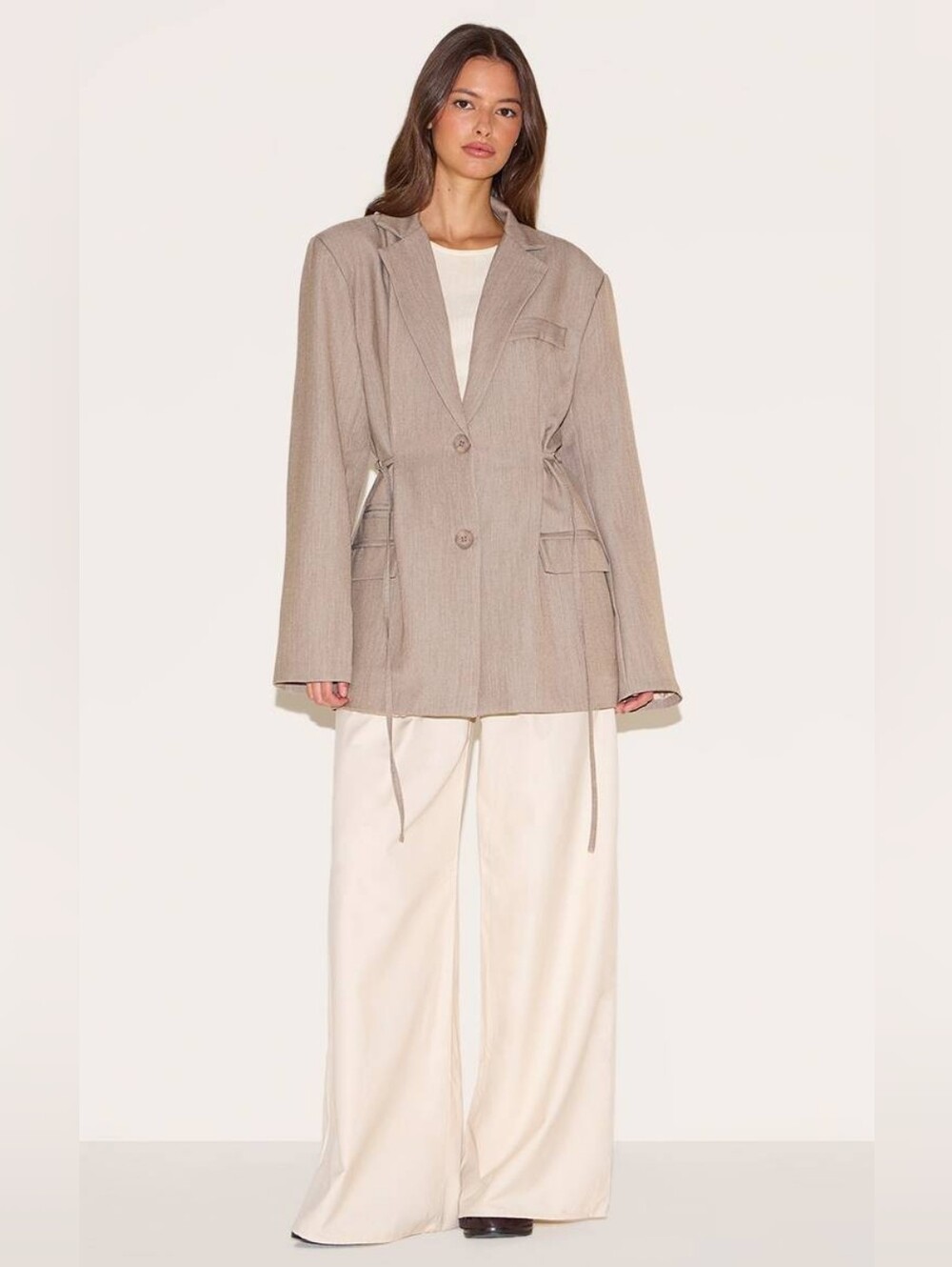 PrettyLittleThing Taupe Drawstring Oversized Blazer Size 6